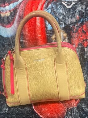 Coach Bleeker Mini Preston Tan Pebbled Leather Satchel with Pink Trim